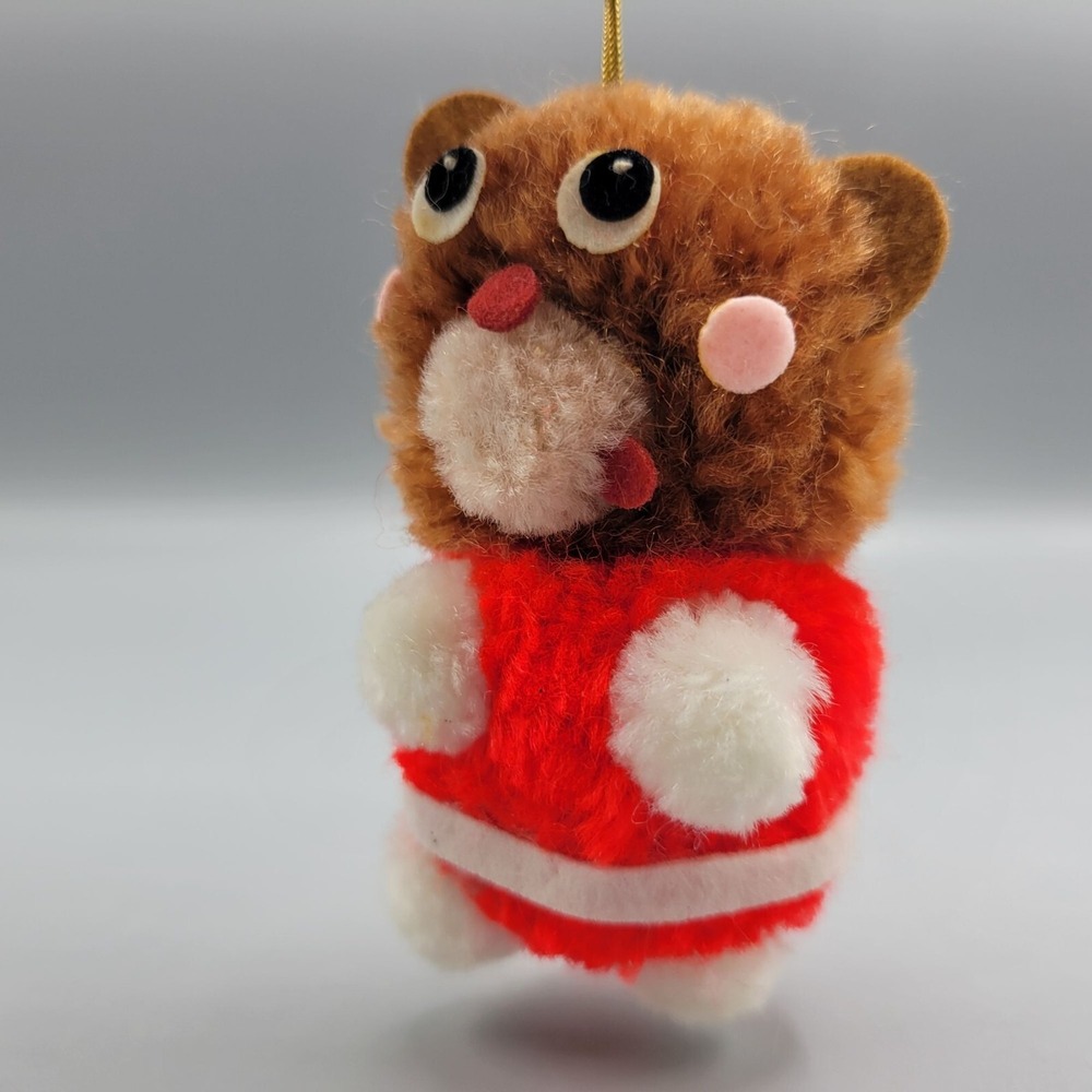 Vintage Soft Fluffy Pompom Plush Hamster Ornament Red & White Outfit